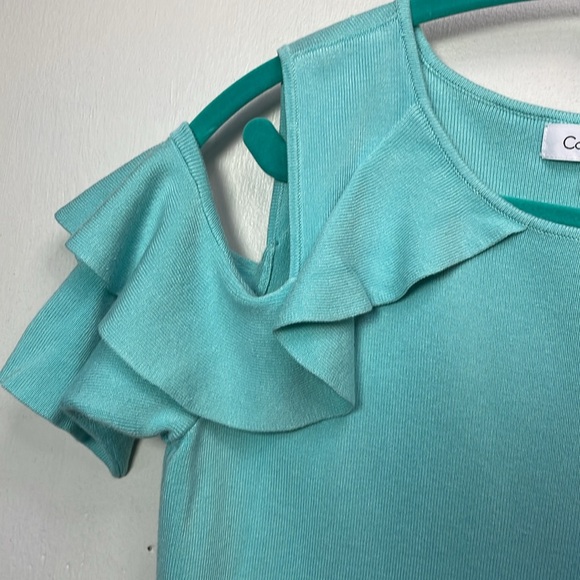 Calvin Klein Flirty Fitted Cold Shoulder Short Sleeve Sweater Aqua -M-#0007 - Picture 6 of 11